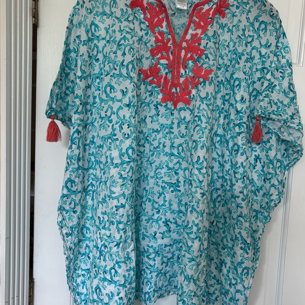 Tommy Bahama turquoise/coral coverup/top, S/M